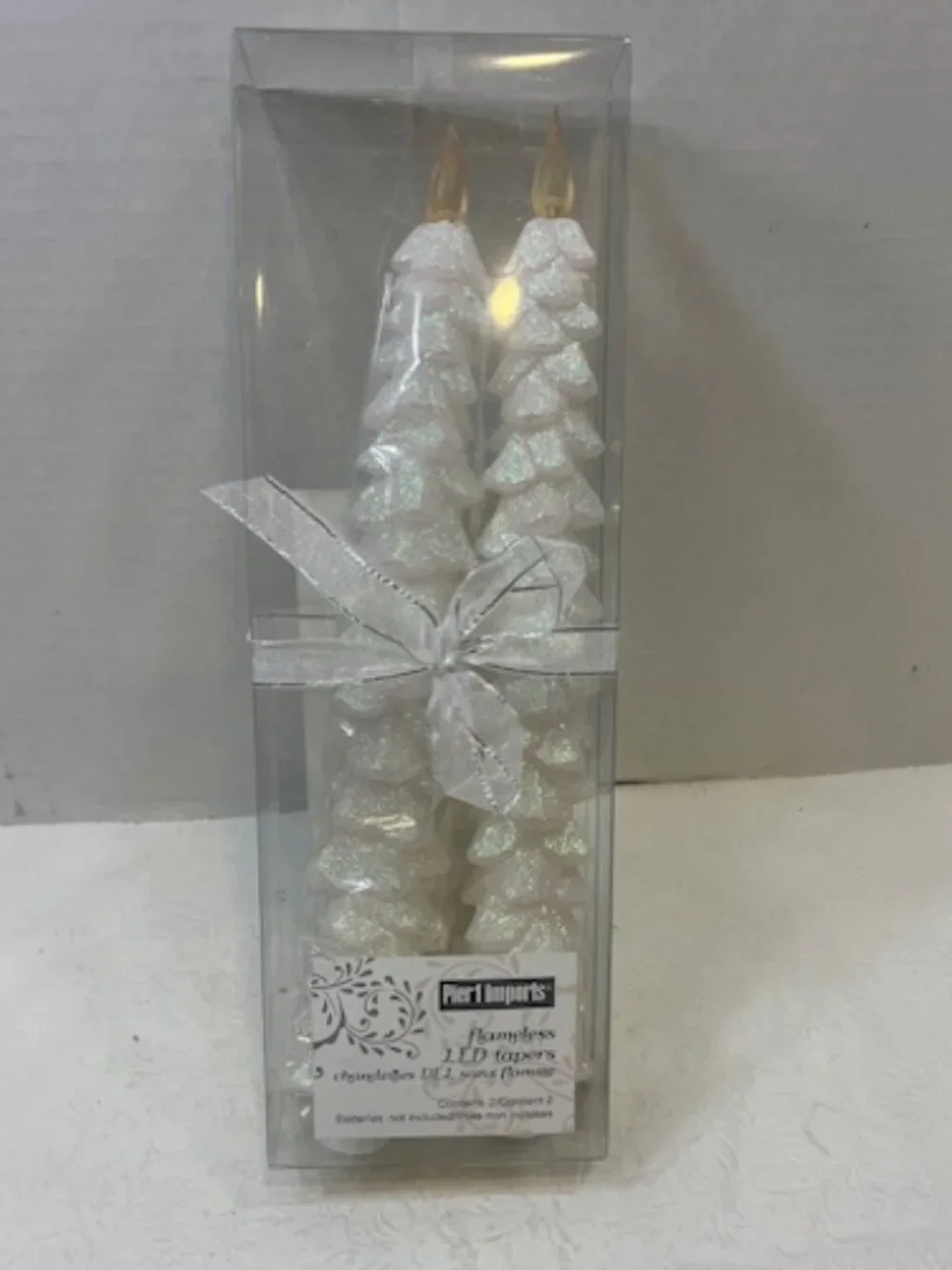 Pair Pier 1 Imports White Glittery Christmas Tree Flameless Taper Candles 11